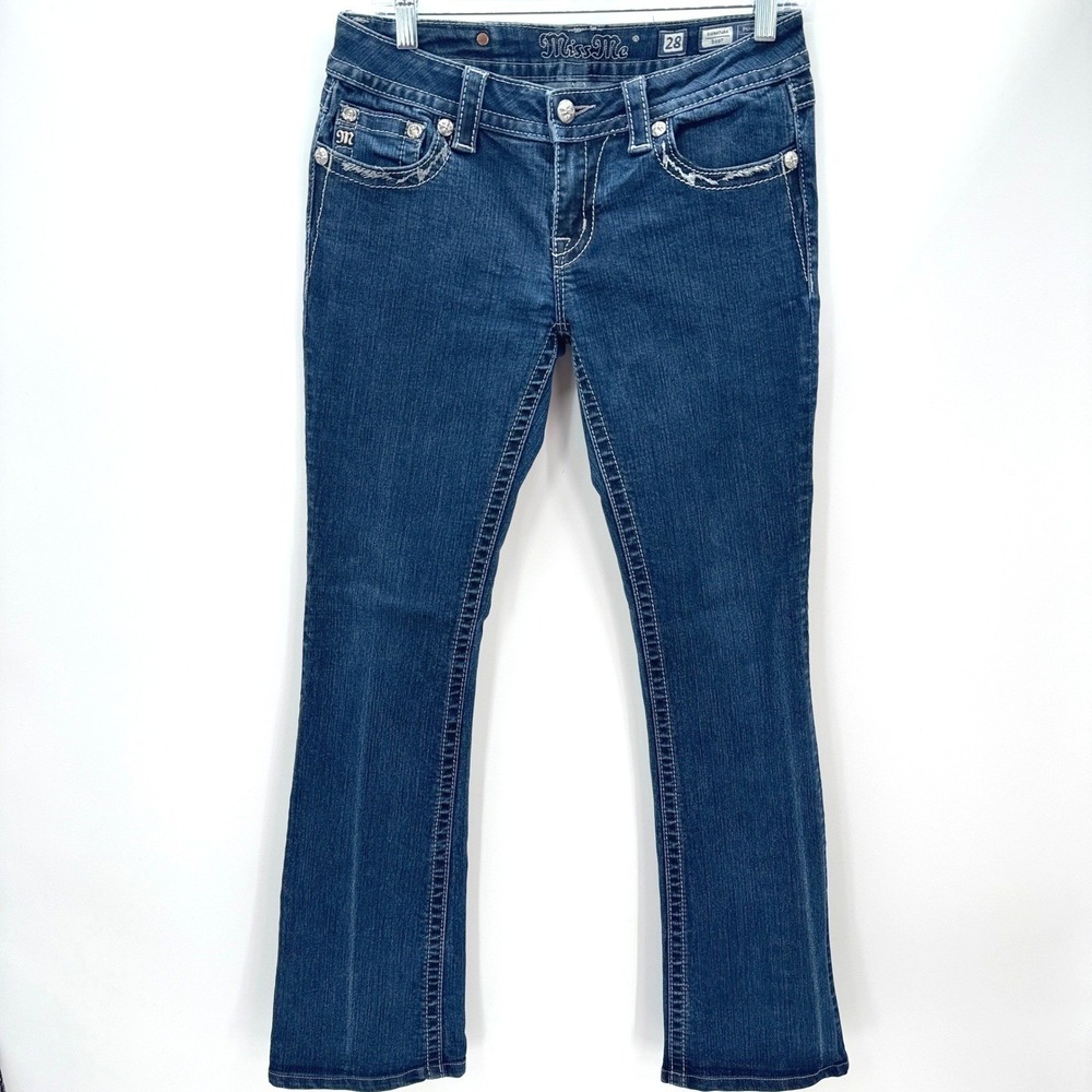 Miss‎ Me Signature Bootcut Jeans Embellished Rhinestone Logo Dark Wash Size 28